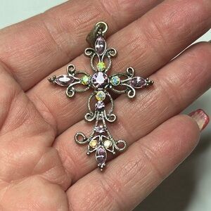 Vintage Elegant filigree aurora borealis rhinestone light Pink Cross Pendant